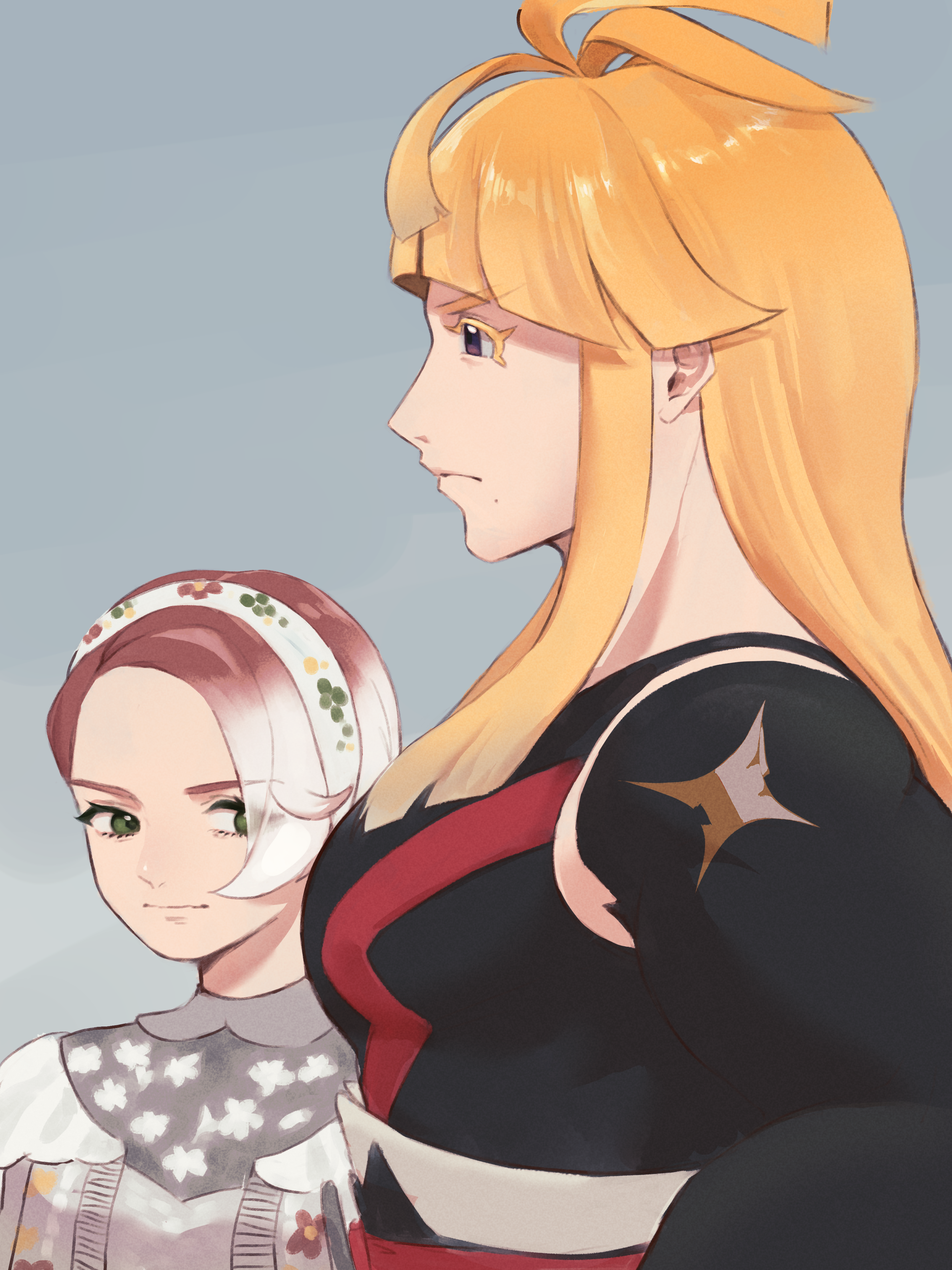 konbu (korehakonbu), ivor (pokemon), nintendo, original, pokemon, pokemon legends: z-a, absurdres, commentary request, highres, 1boy, 1girl, black bodysuit, blonde hair, bodysuit, closed mouth, colored eyelashes, girl staring at guy's chest (meme), grey background, grey eyes, hairband, long hair, looking at another, meme, muscular, muscular male, pectorals, print hairband, short hair, white hairband
