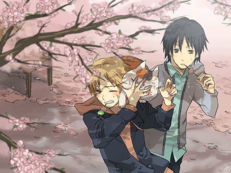rwk, natsume takashi, nyanko-sensei, tanuma kaname, natsume yuujinchou, bad id, bad pixiv id, 00s, 2boys, black hair, brown hair, cherry blossoms, dango, eating, food, mouth hold, multiple boys, sanshoku dango, short hair, skewer, wagashi