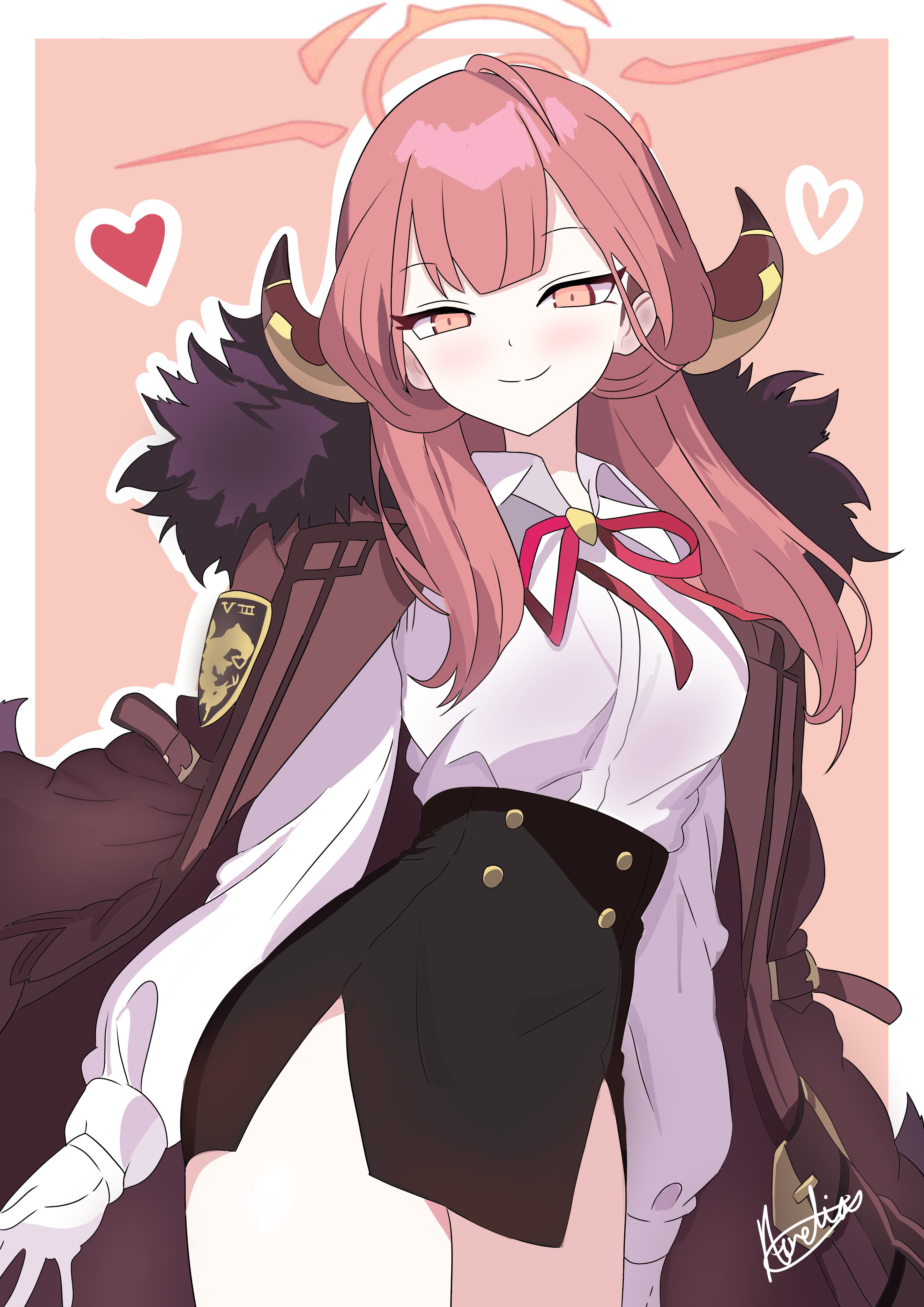 aurelia88, aru (blue archive), blue archive, absurdres, commentary, highres, 1girl, arms at sides, black skirt, blunt bangs, blush, border, brown coat, buttons, closed mouth, coat, coat on shoulders, collared shirt, cowboy shot, curved horns, demon girl, demon horns, double-breasted, dress shirt, drop shadow, fur-trimmed coat, fur trim, heart, high-waist skirt, horns, long hair, looking at viewer, neck ribbon, outside border, pink background, pink eyes, pink hair, red ribbon, ribbon, school uniform, shirt, signature, simple background, skirt, smile, solo, split mouth, tsurime, white border, white shirt
