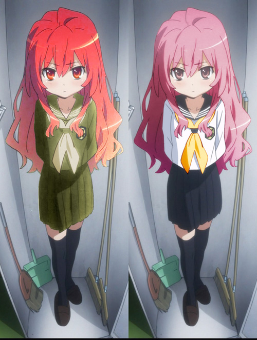 aisaka taiga, kugimiya rie, louise francoise le blanc de la valliere, shana, shakugan no shana, toradora!, zero no tsukaima, screencap, recolor, third-party edit, 00s, cleaning brush, pink eyes, pink hair, red eyes, red hair, school uniform, serafuku, thighhighs, voice actor connection