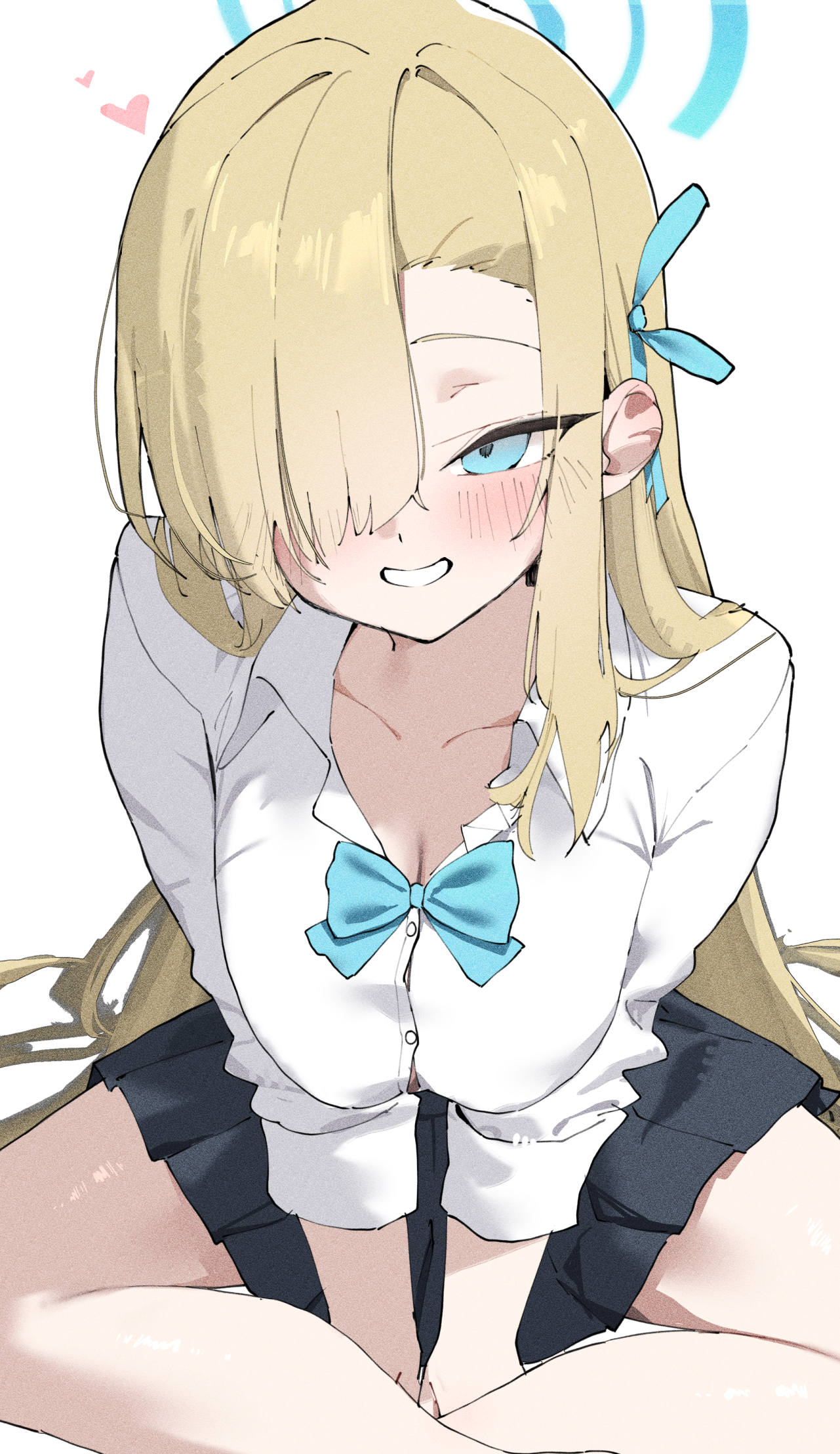 terra tiri, asuna (blue archive), asuna (school uniform) (blue archive), blue archive, highres, 1girl, black skirt, blonde hair, blue bow, blue bowtie, blue hair, blue halo, blush, bow, bowtie, breasts, cleavage, collarbone, grin, hair over one eye, hair ribbon, halo, large breasts, long hair, looking at viewer, ribbon, shirt, sitting, skirt, sleeves rolled up, smile, solo, thighs, very long hair, white shirt