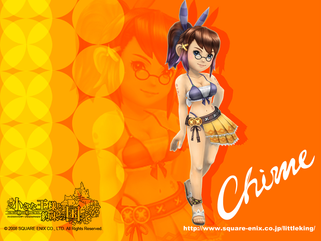 chime, clavat, selkie, final fantasy, final fantasy crystal chronicles, final fantasy crystal chronicles: my life as a king, official art, official wallpaper, 1girl, 3d, alternate costume, bikini, blush, female focus, front-tie top, glasses, solo, swimsuit