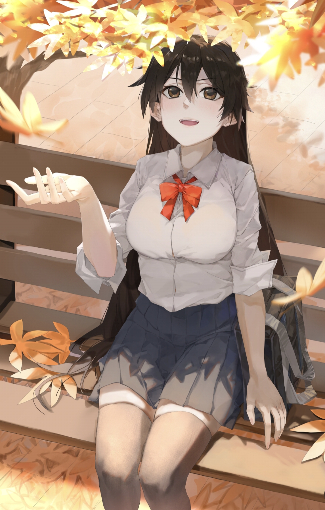 deadman70232800, bambietta basterbine, bleach, bleach: sennen kessen-hen, commentary, highres, 1girl, :d, autumn, autumn leaves, bag, black hair, black skirt, black thighhighs, bow, bowtie, breasts, brown eyes, falling leaves, feet out of frame, hair between eyes, karakura high school uniform, large breasts, leaf, long hair, miniskirt, on bench, open mouth, pleated skirt, quincy (bleach), red bow, red bowtie, school bag, school uniform, shirt, sitting, skirt, smile, socks, solo, teeth, thighhighs, upper teeth only, very long hair, white shirt, zettai ryouiki