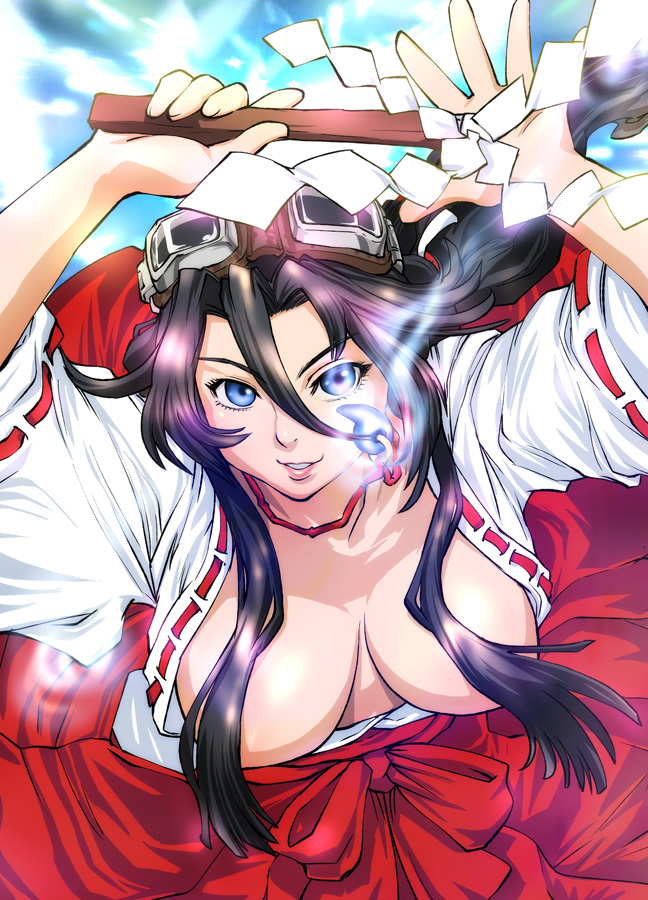 ueyama michirou, tengai, togashi koyori, atlus, psikyo, sengoku ace, sengoku blade, sengoku cannon, 1girl, black hair, blue eyes, breast slip, breasts, censored, cleavage, cloud, convenient censoring, downblouse, female focus, fighting stance, fundoshi, glowing, goggles, goggles on head, gohei, hair ornament, hair ribbon, happy, huge breasts, japanese clothes, jewelry, kimono, long hair, magatama, magic, miko, necklace, open clothes, open mouth, open shirt, ponytail, ribbon, shirt, simple background, sky, smile, solo, wardrobe malfunction, wide sleeves
