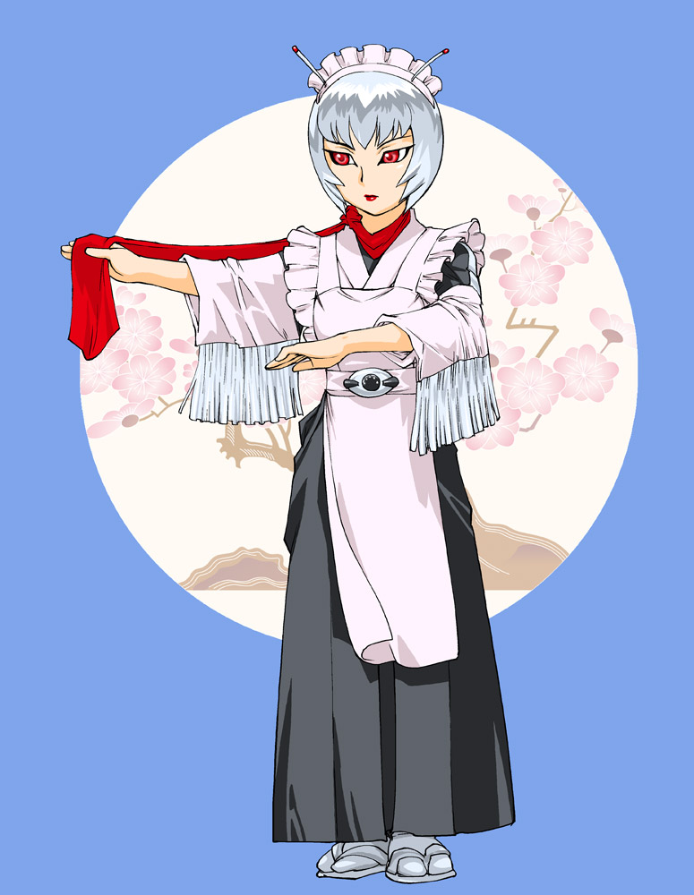 ueyama michirou, kamen rider super-1, rider-tan, kamen rider, 1girl, apron, female focus, full body, hairband, maid, maid apron, red eyes, scarf, skirt, solo, standing
