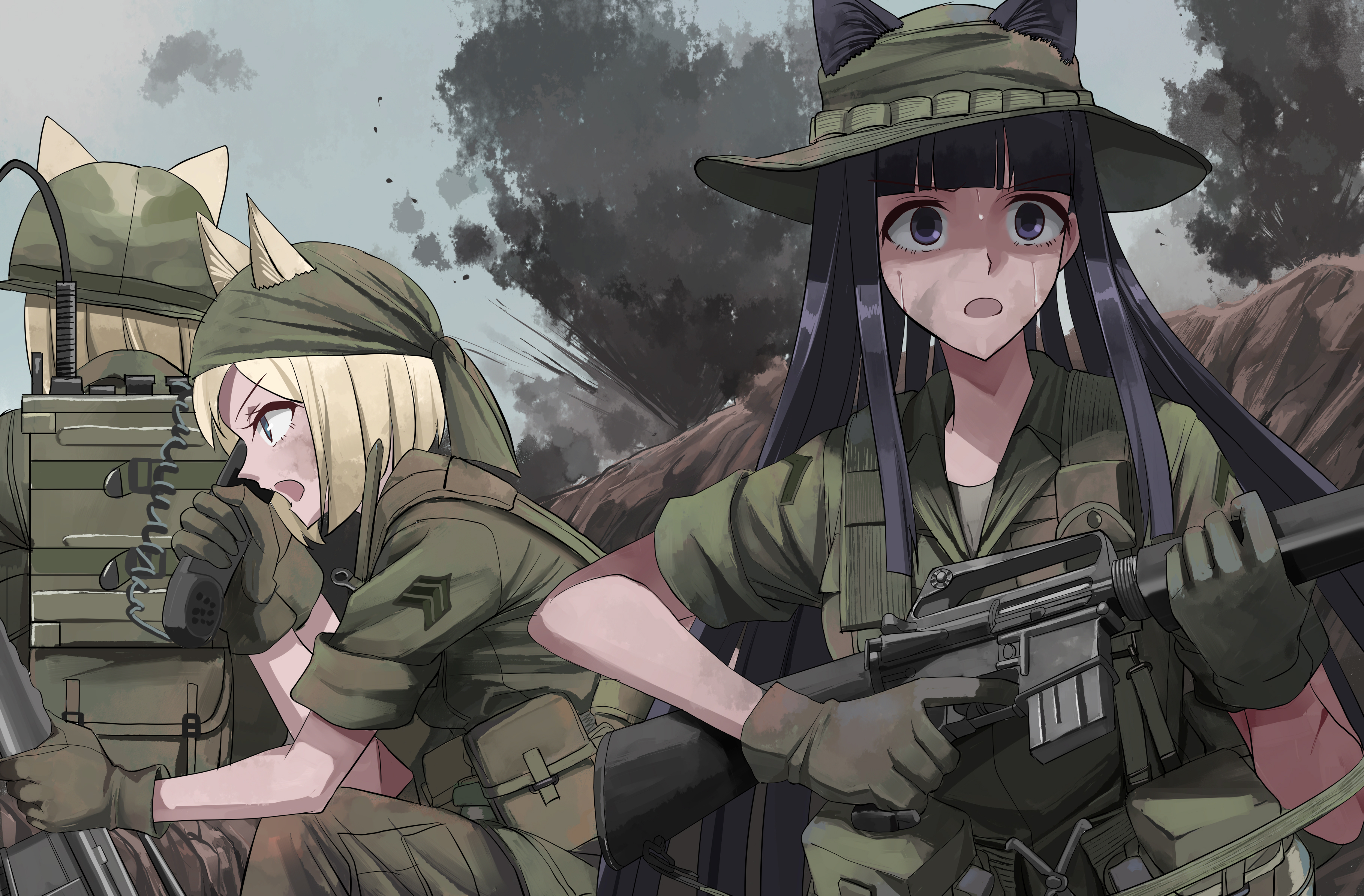 nguyen tam lee, original, absurdres, commentary, english commentary, highres, revision, 3girls, ammunition pouch, animal ears, assault rifle, black eyes, black hair, blonde hair, blue eyes, boonie hat, cat ears, combat helmet, dirty, dirty clothes, dirty face, field radio, finger on trigger, green hat, green jacket, green pants, gun, hat, helmet, jacket, long hair, m16, m16a1, military, military combat uniform, military rank insignia, military uniform, multiple girls, open mouth, pants, pouch, radio handset, rifle, short hair, sleeves rolled up, sweat, under fire, vietnam war, weapon
