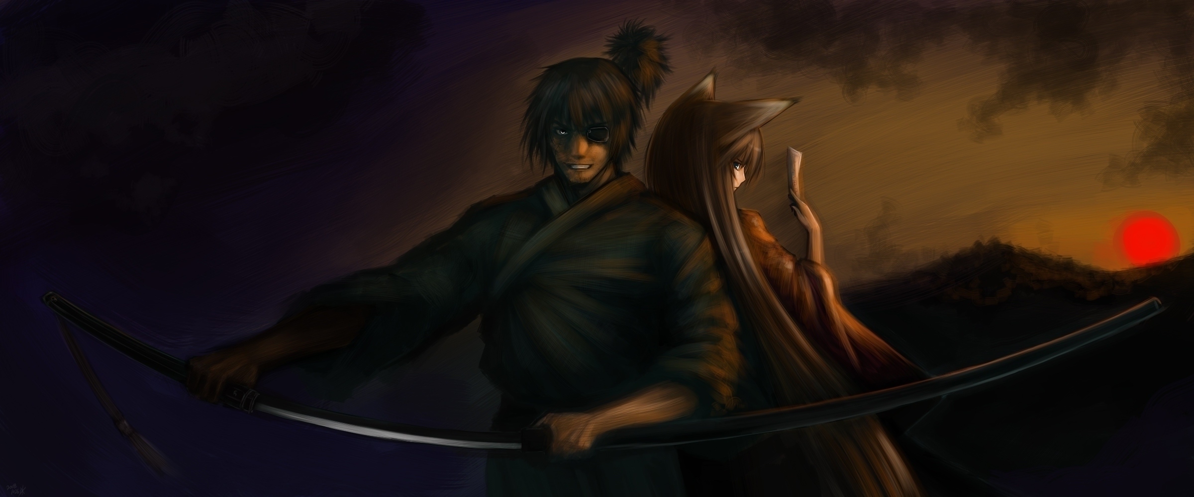 kotoba noriaki, original, highres, animal ears, beard, dark, eyepatch, facial hair, fox ears, green eyes, grin, japanese clothes, katana, kimono, mountain, samurai, smile, sunset, sword, weapon, white eyes