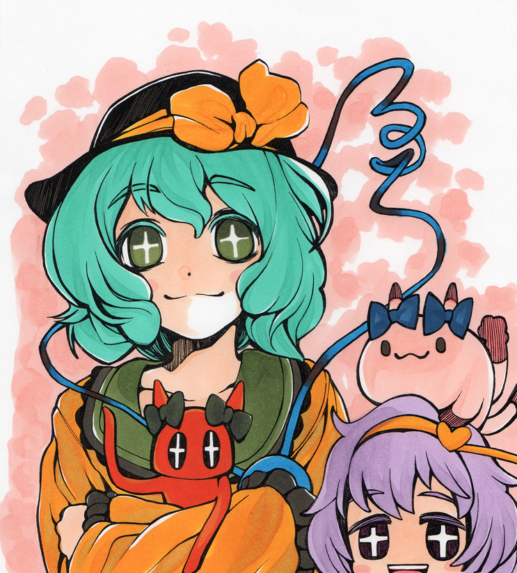uousa-ou, kaenbyou rin, kaenbyou rin (cat), komeiji koishi, komeiji satori, touhou, light purple hair, bad id, bad pixiv id, traditional media, + +, 2girls, :3, :d, cat, colored eyelashes, eyelashes, female focus, green hair, hat, multiple girls, open mouth, ribbon, salute, smile