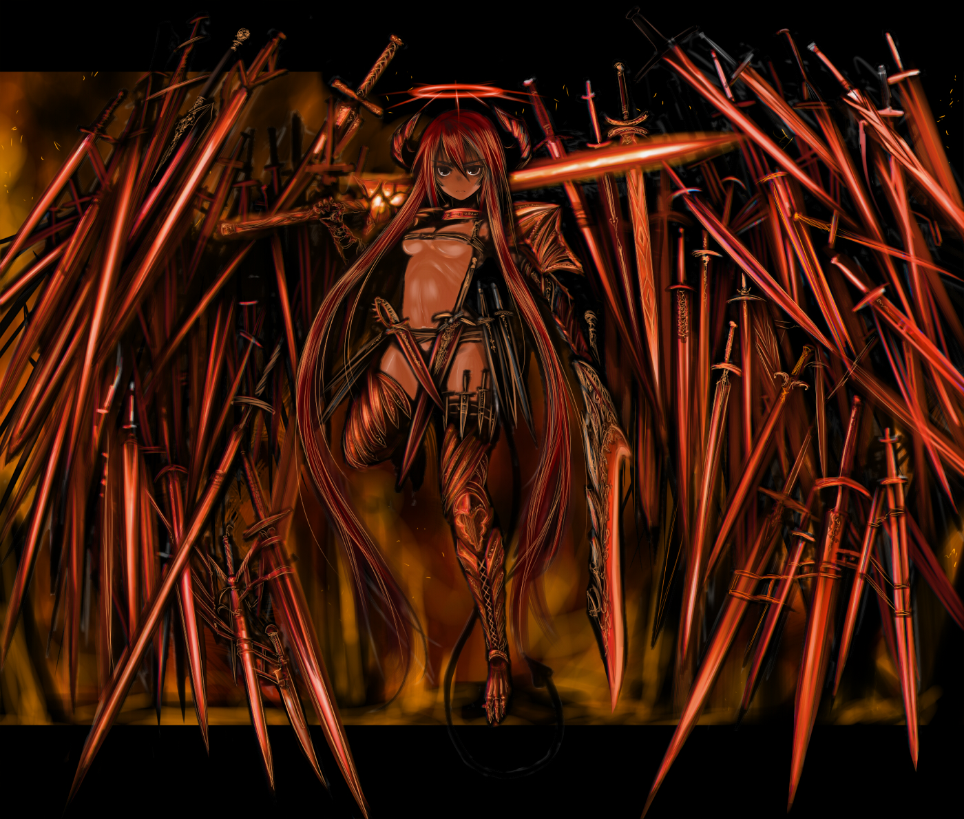 kotoba noriaki, original, character request, md5 mismatch, source request, 1girl, dual wielding, fantasy, female focus, gauntlets, halo, holding, knife, long hair, navel, solo, sword, weapon