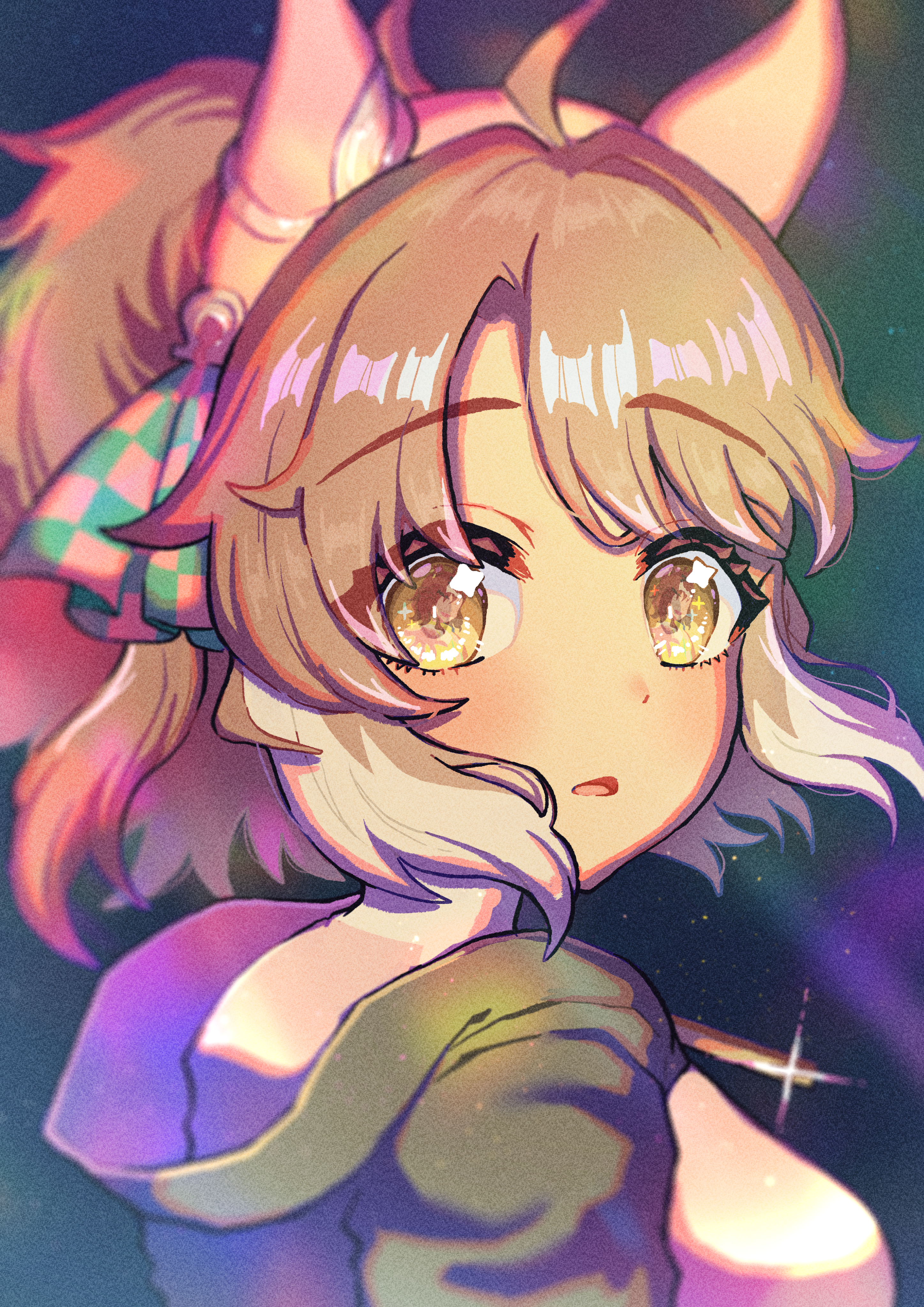 nenbutsu 0416, dantsu flame (center spotlight) (umamusume), dantsu flame (umamusume), umamusume, absurdres, highres, 1girl, animal ears, black jacket, blush, brown eyes, brown hair, ear covers, eye reflection, horse ears, horse girl, jacket, long hair, open mouth, pink shirt, ponytail, reflection, shirt, solo