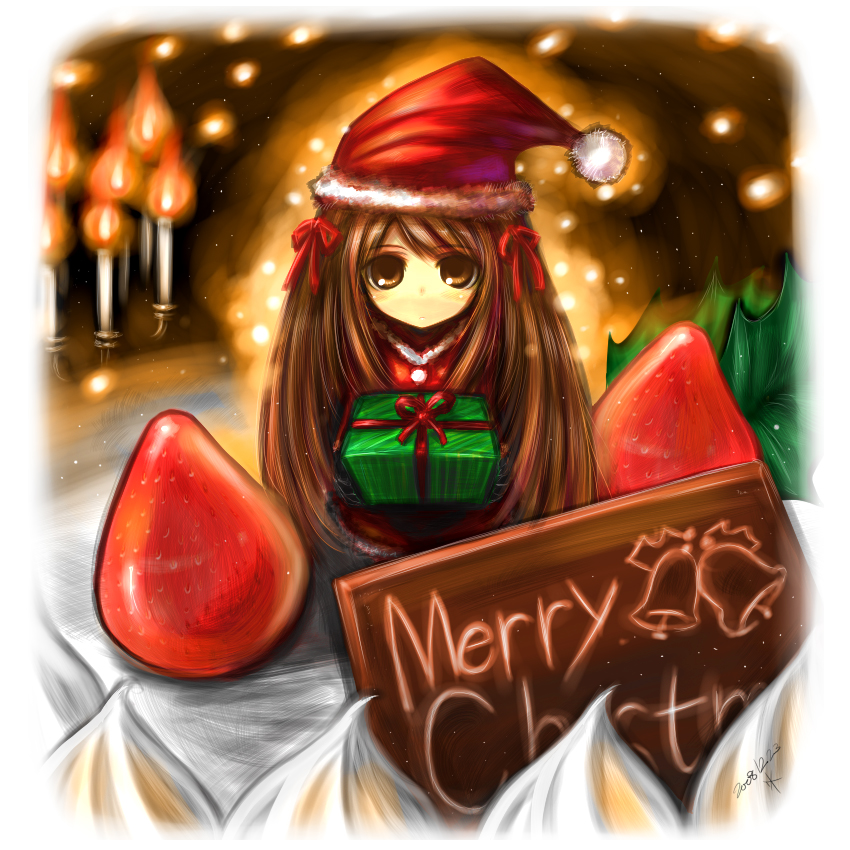kotoba noriaki, original, brown hair, cake, candle, christmas, food, fruit, gift, hat, long hair, pastry, santa costume, santa hat, solo, strawberry