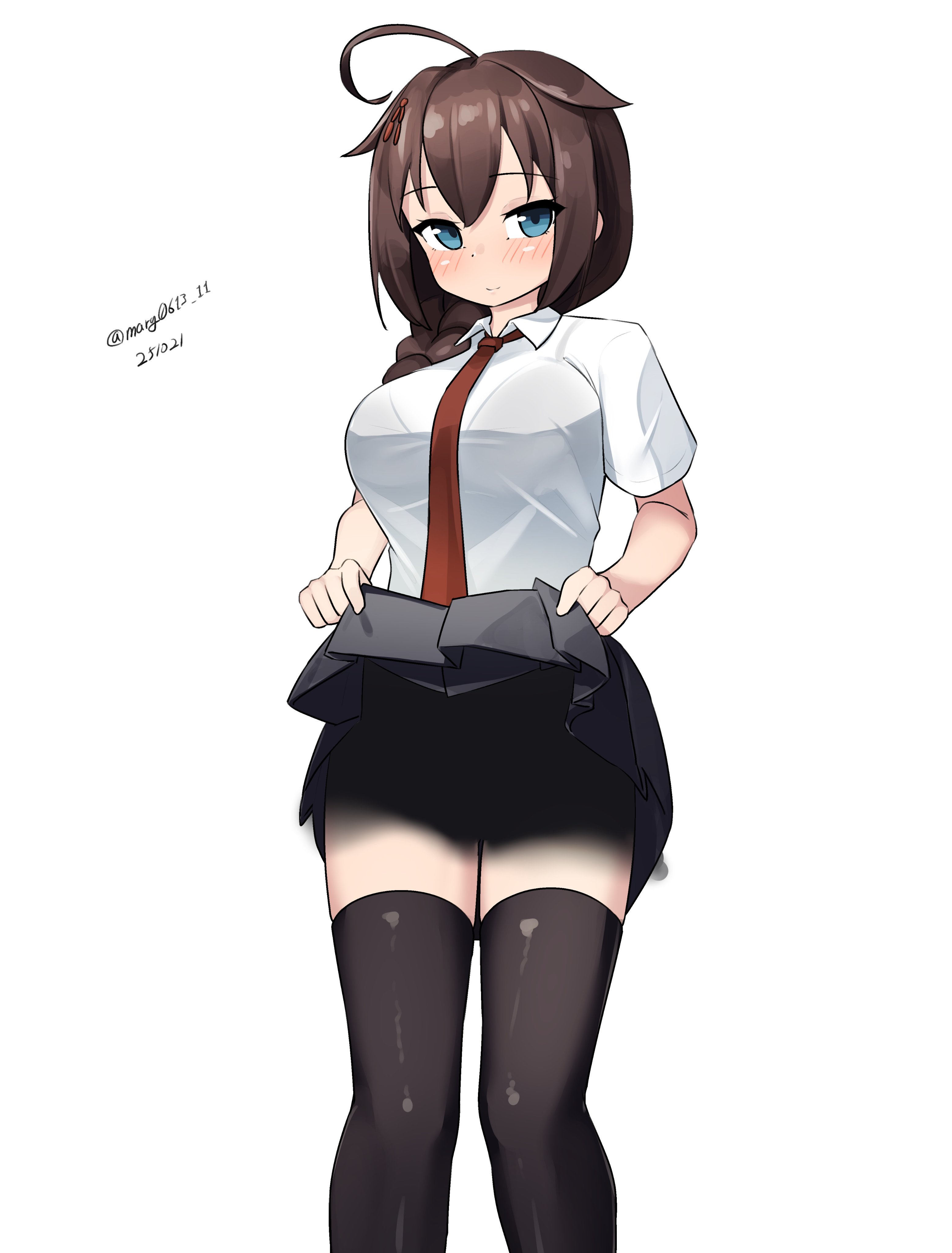 maru (marg0613), shigure (kancolle), shigure kai san (kancolle), kantai collection, shadow censor, absurdres, highres, 1girl, ahoge, alternate costume, black hair, black skirt, black thighhighs, blue eyes, braid, clothes lift, collared shirt, dress shirt, feet out of frame, hair flaps, hair over shoulder, long hair, looking at viewer, necktie, pleated skirt, red necktie, shadow, shirt, simple background, single braid, skirt, skirt lift, solo, thighhighs, twitter username, white background, white shirt