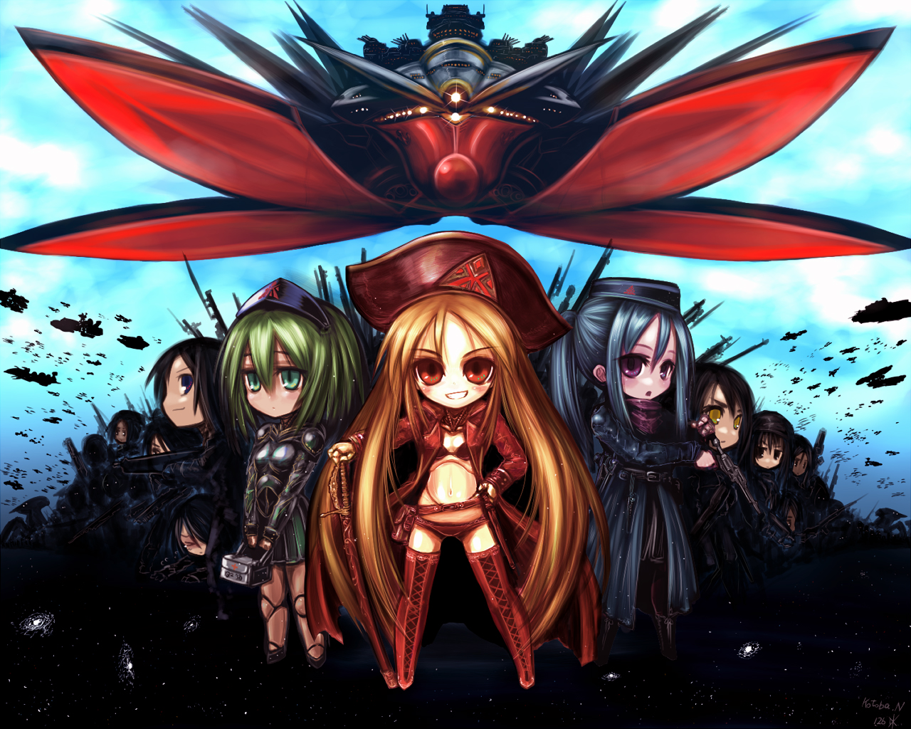 kotoba noriaki, original, vehicle, 6+girls, black hair, boots, brown hair, coat, flying, green eyes, green hair, hat, long hair, multiple girls, nurse, purple eyes, red eyes, science fiction, ship, thigh boots, thighhighs, watercraft