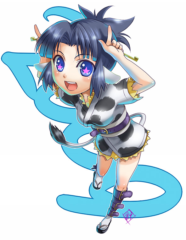 hariyama (toubou tengoku), original, bad id, bad pixiv id, + +, belt, blue eyes, blue hair, blush, cow, new year, short hair, solo, tail