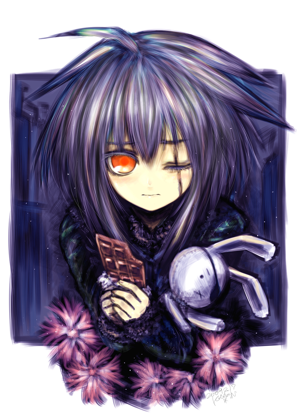 kotoba noriaki, hatamoto (kotoba), hinomaru (kotoba), original, highres, 1girl, candy, chocolate, chocolate bar, eyepatch, female focus, food, missing eye, nichi no maru, purple hair, red eyes, scar, solo, stuffed animal, stuffed rabbit, stuffed toy, sweater