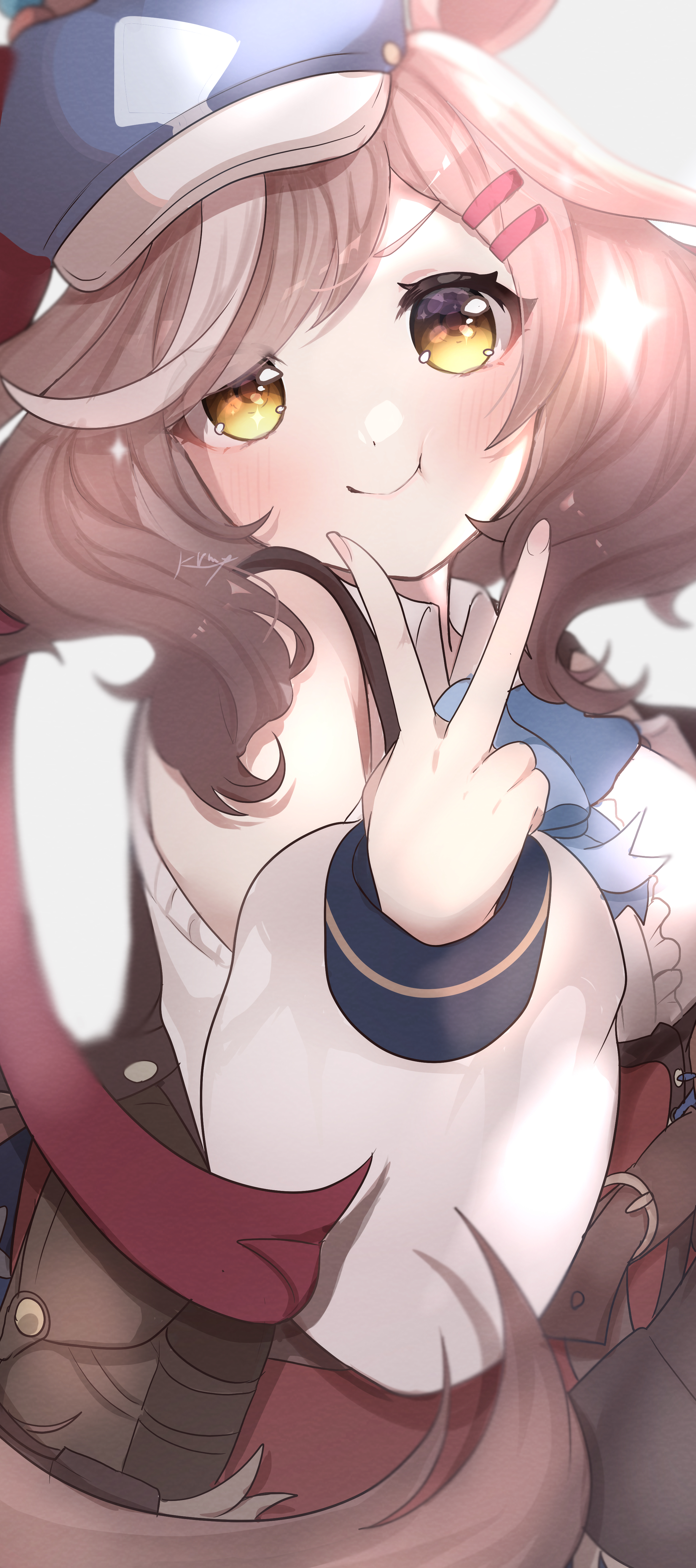 kurumiya (krmy p), matikanetannhauser (panpaka tiltott) (umamusume), matikanetannhauser (umamusume), umamusume, absurdres, commentary request, highres, 1girl, :t, animal ears, bare shoulders, blue hat, blush, brown eyes, brown hair, closed mouth, clothing cutout, fingernails, hat, horse ears, horse girl, long sleeves, looking at viewer, puffy cheeks, puffy long sleeves, puffy sleeves, shirt, shoulder cutout, smile, solo, sparkle, tilted headwear, v, v over mouth, white shirt, white streaks