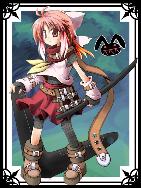 aruha, yuuhi alpha, pixiv fantasia, pixiv fantasia 3, 1girl, akatsuhara empire, armor, belt, boomerang, boots, chainmail, child, female focus, fingerless gloves, fishnets, full body, gloves, katana, pink eyes, pink hair, school uniform, serafuku, sheath, sheathed, shirasaya, solo, sword, weapon