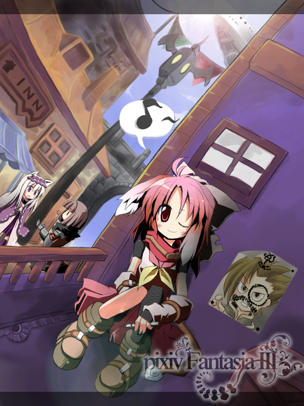 aruha, yuuhi alpha, pixiv fantasia, pixiv fantasia 3, bad id, 1boy, 3girls, aircraft, airship, akatsuhara empire, boots, bridge, child, fingerless gloves, flying, gloves, marker, multiple girls, musical note, one eye closed, pink eyes, pink hair, school uniform, serafuku, sitting, wink