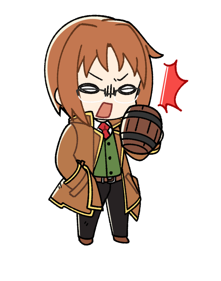 maximin liebkne, nexon, tales weaver, artist request, bad source, official art, second-party source, 1boy, black-framed eyewear, black pants, brown coat, brown hair, brown sleeves, chibi, chibi only, coat, collared coat, collared shirt, cup, curtained hair, full body, green vest, hand in pocket, high collar, holding, holding cup, lapels, legs apart, male focus, medium hair, necktie, no nose, open mouth, over-rim eyewear, pants, parted bangs, popped collar, rectangular eyewear, rectangular mouth, red necktie, semi-rimless eyewear, shirt, simple background, solid oval eyes, solo, standing, surprised, tankard, transparent background, undershirt, vest, waistcoat, white shirt, wing collar, yellow trim