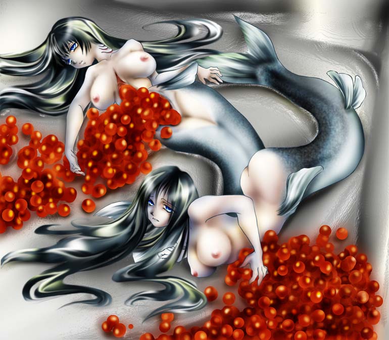 tagme, breasts, caviar, egg, fantasy, female focus, guro, mermaid, mini person, minigirl, monster girl, nipples