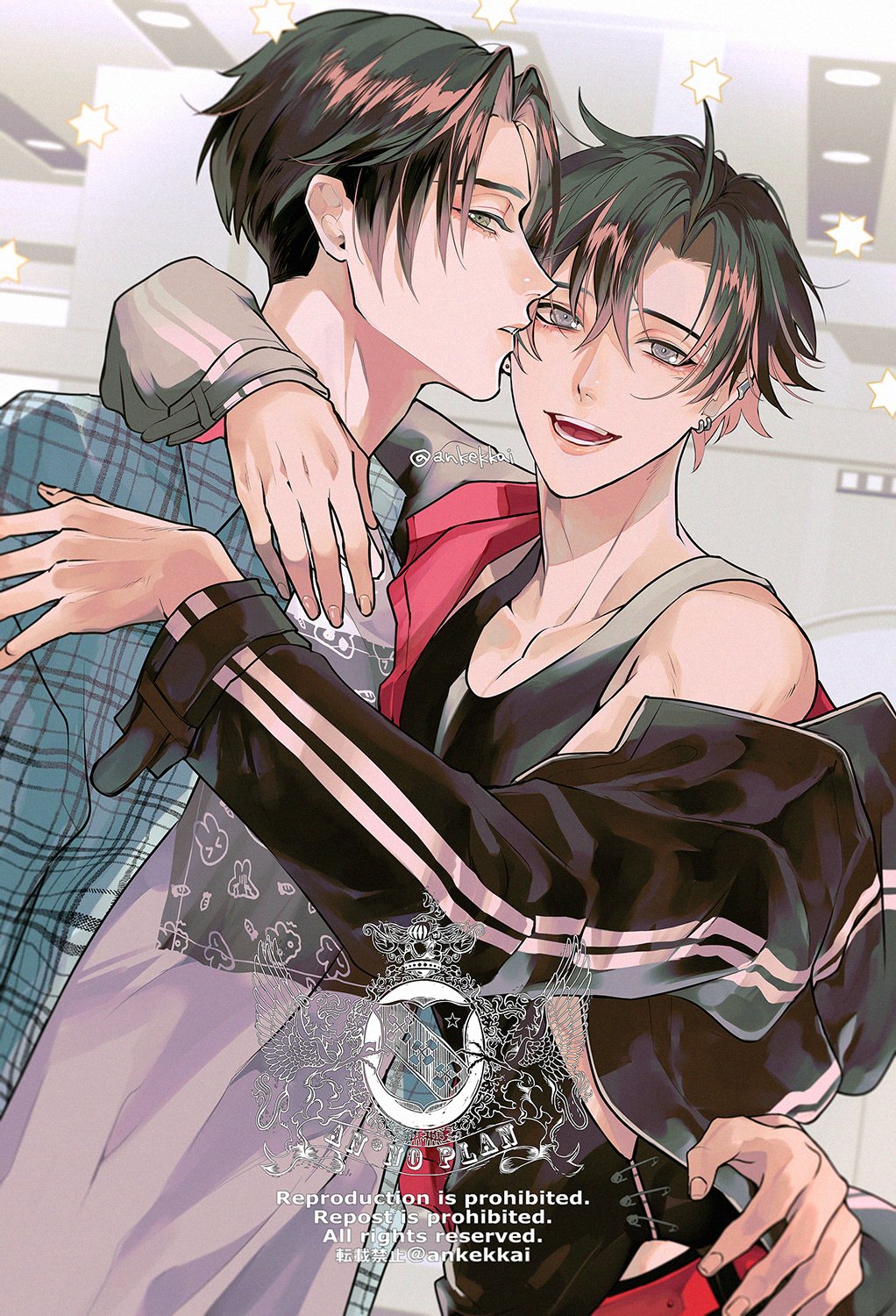 ankekkai, lan wangji, wei wuxian, modao zushi, highres, 2boys, ahoge, alternate costume, alternate hair length, alternate hairstyle, alternate universe, bare shoulders, belt, black hair, black jacket, black tank top, blue shirt, collarbone, collared shirt, couple, ear piercing, earrings, grey eyes, hair between eyes, hand on another's hip, hug, jacket, jewelry, kiss, kissing cheek, long sleeves, looking at viewer, male focus, multiple boys, off shoulder, open clothes, open jacket, open mouth, open shirt, parted bangs, piercing, plaid clothes, plaid shirt, print shirt, red belt, shirt, short hair, smile, star (symbol), tank top, teeth, twitter username, undershirt, upper body, watermark, white shirt, yaoi, yellow eyes