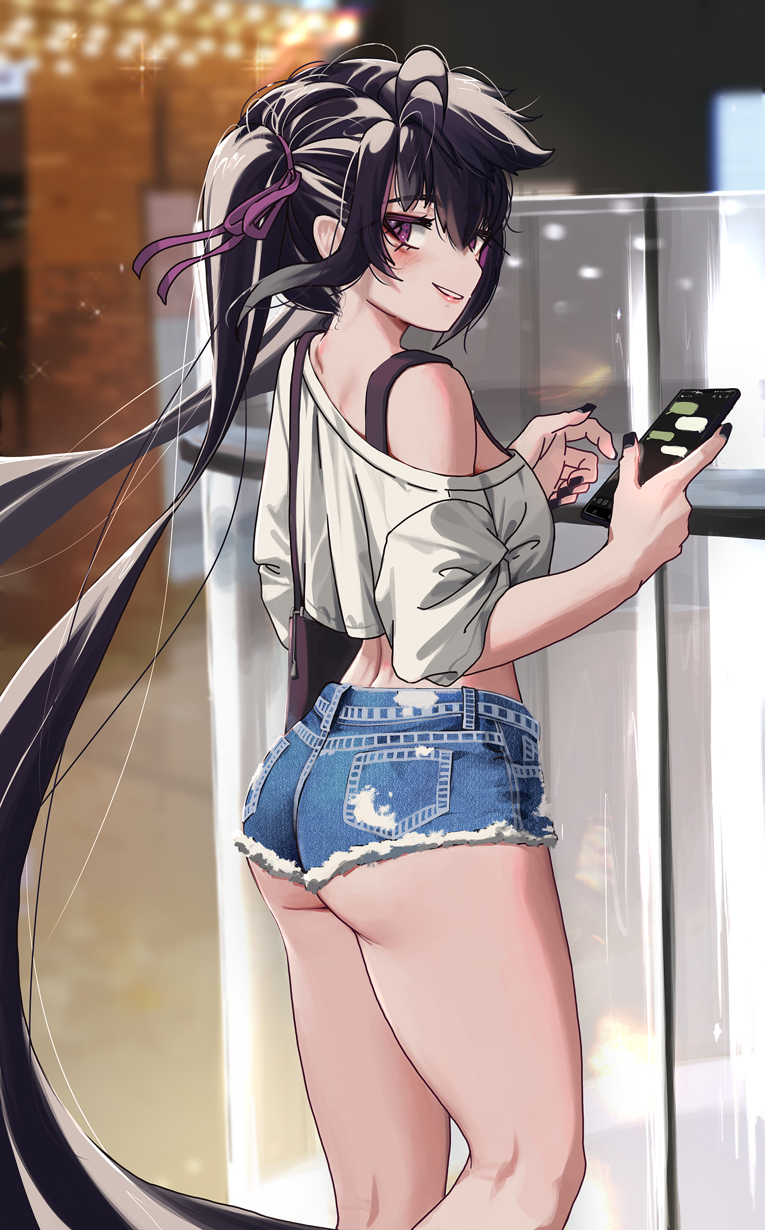 torriet, priite hari (torriet), original, absurdres, highres, revision, 1girl, ass, bag, black hair, black nails, blush, cellphone, denim, denim shorts, hairband, holding, holding phone, long hair, looking at viewer, looking back, micro shorts, nail polish, phone, purple eyes, purple hairband, shirt, shorts, shoulder bag, sidelocks, smartphone, solo, standing, thighs, twintails, underbutt, very long hair, white shirt