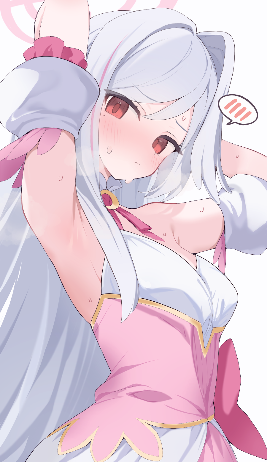 hone kawa, suzumi (blue archive), suzumi (magical) (blue archive), blue archive, commentary, highres, paid reward available, 1girl, armpits, arms up, blush, breasts, closed mouth, dress, grey hair, halo, head wings, long hair, looking at viewer, medium breasts, multicolored hair, official alternate costume, pink hair, pink halo, red eyes, simple background, single head wing, solo, speech bubble, spoken blush, streaked hair, sweat, two-tone hair, white background, wings
