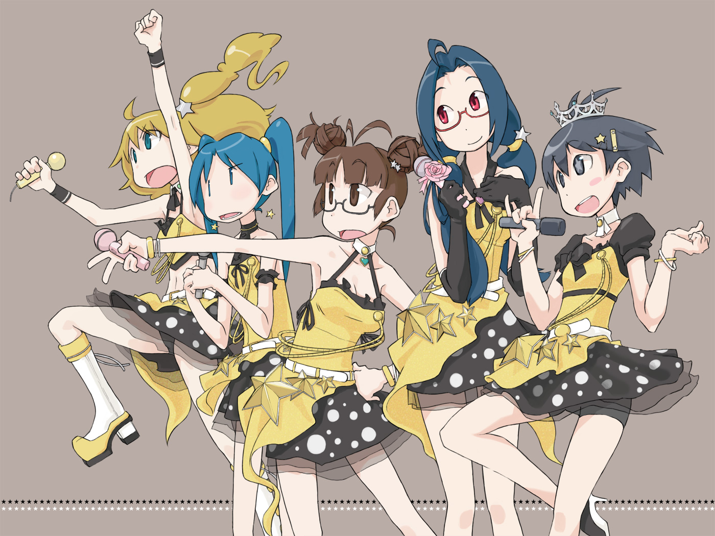 tugeneko, akizuki ritsuko, hoshii miki, kikuchi makoto, kisaragi chihaya, miura azusa, idolmaster, idolmaster (classic), live for venus, 00s, 5girls, alternate hairstyle, black hair, blonde hair, blue hair, brown hair, dress, elbow gloves, glasses, gloves, microphone, multiple girls