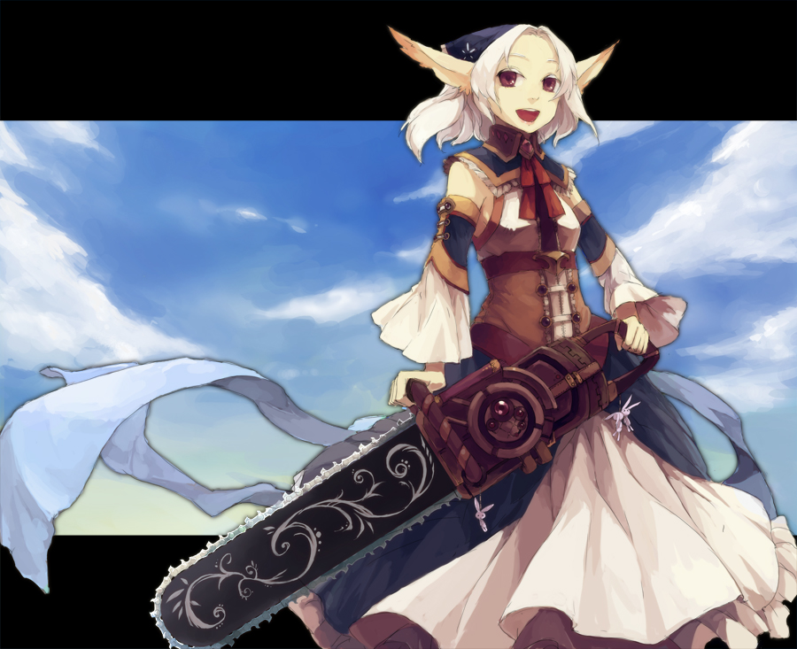 nemu (isaya), nemu (pixiv), pixiv fantasia, pixiv fantasia 3, 1girl, animal ears, chainsaw, detached sleeves, dress, female focus, necktie, open mouth, pointy ears, rabbit, red eyes, short hair, skirt, solo, weapon, white hair
