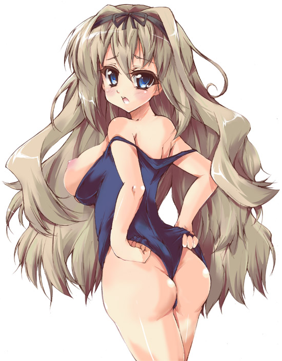 akikaze tsumuji, kusugawa sasara, to heart (series), to heart 2, bad id, bad pixiv id, 00s, 1girl, ass, bad anatomy, blonde hair, blue eyes, blush, breasts, clothes pull, female focus, large breasts, long hair, looking back, one-piece swimsuit, shirt pull, solo, standing, swimsuit, very long hair