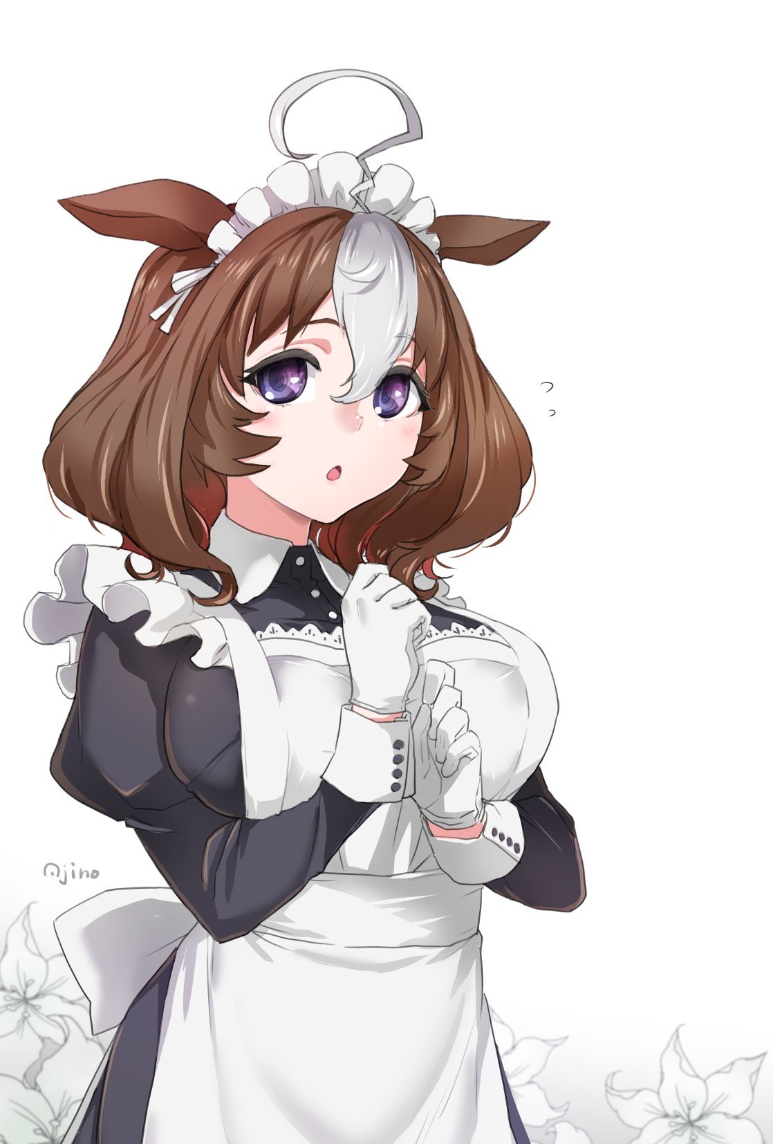 ajino (sakanahen), meisho doto (umamusume), umamusume, highres, 1girl, ?, ahoge, animal ears, apron, blush, breasts, brown hair, double-parted bangs, flower, gloves, hair between eyes, horse ears, horse girl, large breasts, long sleeves, looking at viewer, maid, maid apron, maid headdress, multicolored hair, no tail, open mouth, purple eyes, short hair, simple background, two-tone hair, white apron, white background, white gloves, white hair, white headdress