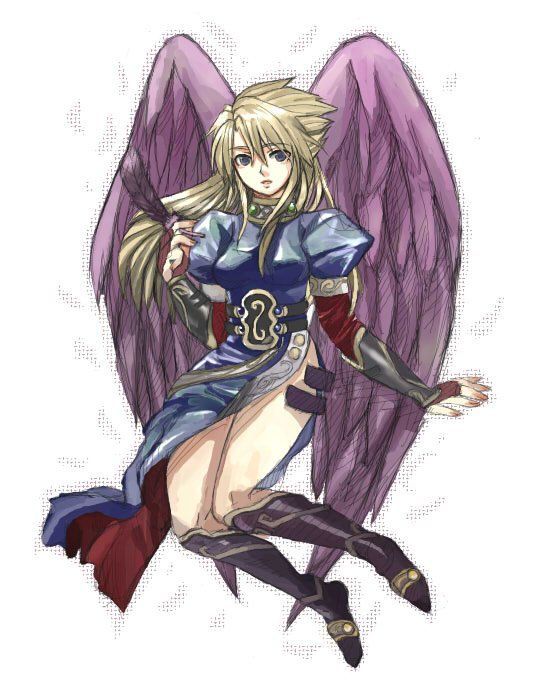 amamizu (chetore), chetore, nina (breath of fire ii), breath of fire, breath of fire ii, 1girl, angel wings, black wings, blonde hair, boots, dress, feathers, fingerless gloves, gloves, knee boots, long hair, purple eyes, side slit, wings