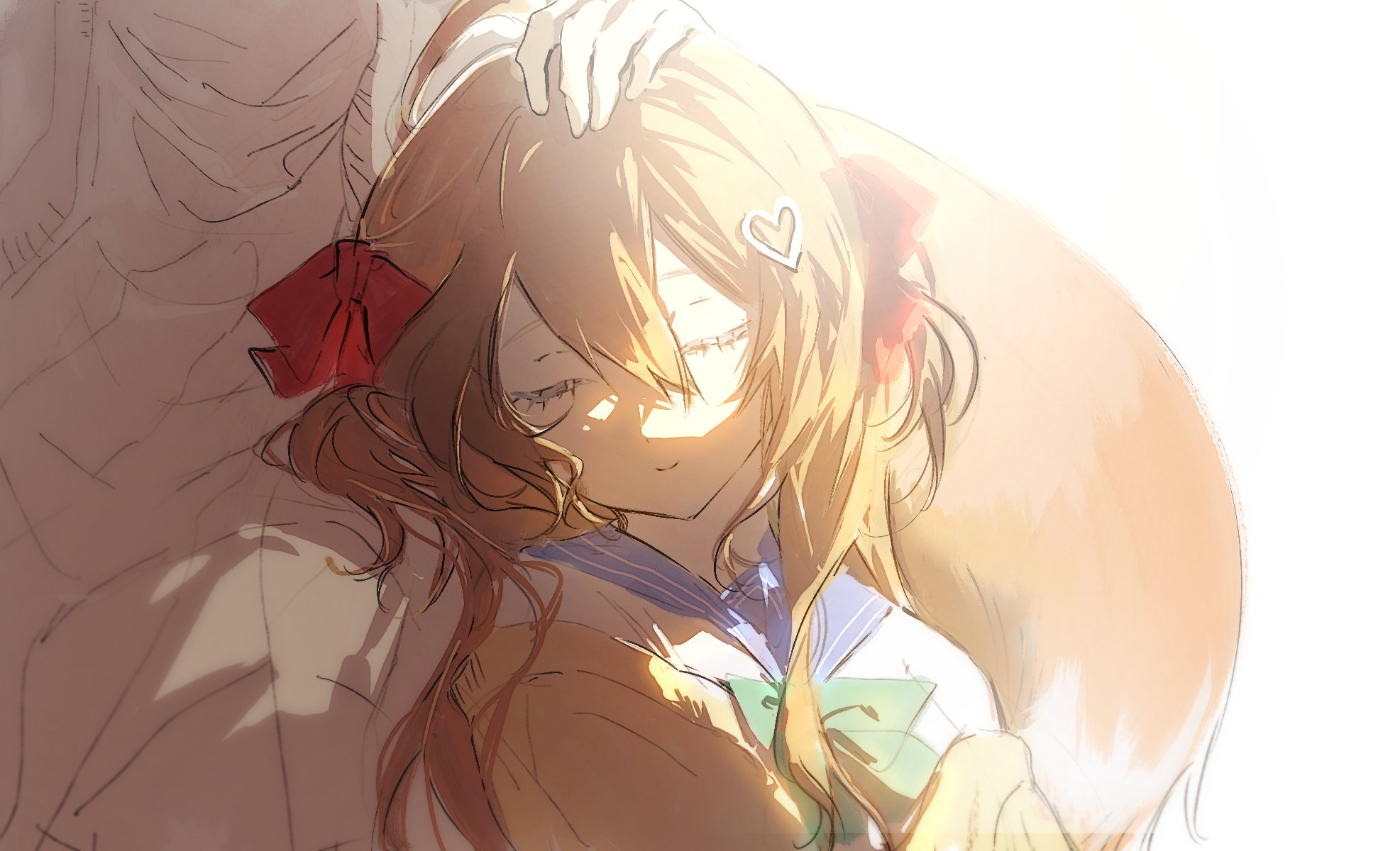 liquain, annytf, neuro-sama, indie virtual youtuber, commentary, english commentary, highres, 2girls, ahoge, aqua bow, aqua bowtie, bloom, blue sailor collar, bow, bowtie, brown hair, cardigan, closed eyes, closed mouth, fox tail, hair between eyes, hair bow, hair ornament, hairclip, hand on another's head, heart, heart hair ornament, leaning on person, long hair, multiple girls, red bow, sailor collar, school uniform, serafuku, shirt, sleeping, smile, tail, two side up, vedal ai, virtual youtuber, white background, white shirt, yellow cardigan