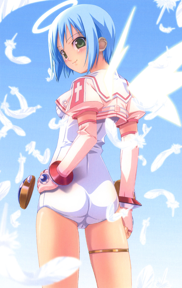 kuuchuu yousai, djibril (makai tenshi djibril), manabe rika, makai tenshi djibril, highres, official art, scan, 1girl, angel, angel wings, ass, blue hair, blue sky, blurry, blush, bracer, cameltoe, clenched hand, cowboy shot, crop top, cross, day, depth of field, elbow gloves, feathers, female focus, fingerless gloves, flapper shirt, floating, from behind, gem, gloves, glowing, glowing wings, gradient background, green eyes, halo, hand on own hip, jewelry, looking at viewer, looking back, magical girl, mini wings, one-piece swimsuit, outdoors, pink gloves, pink shrug, puffy short sleeves, puffy sleeves, school swimsuit, school uniform, serafuku, shirt, short hair, short sleeves, shrug (clothing), sidelocks, sky, smile, solo, standing, swimsuit, swimsuit costume, swimsuit under clothes, thighlet, thighs, white one-piece swimsuit, white school swimsuit, wings