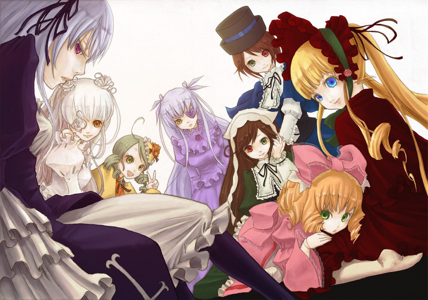 onohana, barasuishou, hinaichigo, kanaria, kirakishou, shinku, souseiseki, suigintou, suiseiseki, rozen maiden, bad id, bad pixiv id, 00s, 6+girls, ahoge, barefoot, blonde hair, blue eyes, bow, brown hair, dress, drill hair, everyone, eyepatch, flower, frills, green eyes, green hair, hair ornament, hairband, hat, heterochromia, long hair, multiple girls, pink bow, purple eyes, purple hair, rose, short hair, twintails, two side up, v, white hair, yellow eyes