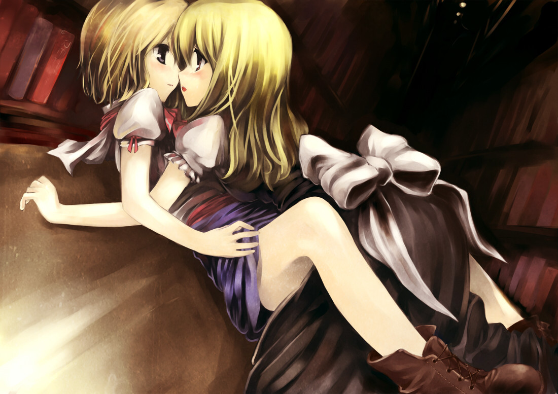 pino (birthdayparty), pino (pixiv), alice margatroid, kirisame marisa, touhou, 2girls, blonde hair, blue eyes, blush, female focus, hairband, long hair, multiple girls, ribbon, short hair, yellow eyes, yuri