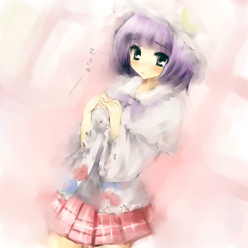 pino (birthdayparty), pino (pixiv), patchouli knowledge, touhou, 1girl, :<, alternate costume, alternate hairstyle, blush, casual, contemporary, female focus, hat, mukyuu, purple eyes, purple hair, skirt, solo