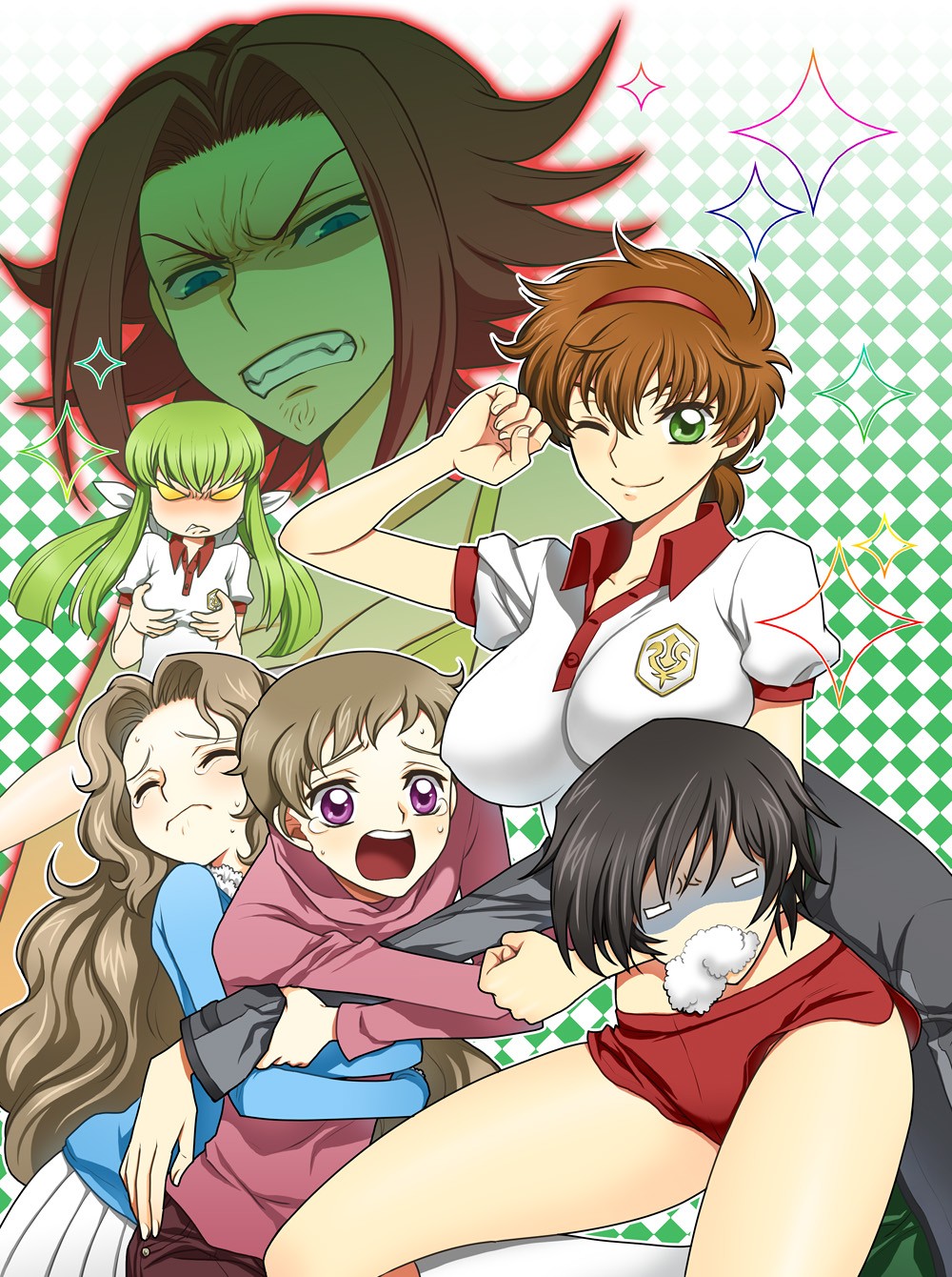 hato niku, c.c., kouzuki kallen, kururugi suzaku, lelouch vi britannia, nunnally vi britannia, rolo lamperouge, suzako, code geass, breast hold, grabbing, bad id, bad pixiv id, gender request, highres, 00s, 2boys, 4girls, ;), anger vein, angry, asphyxiation, black hair, blush, breast envy, breasts, brown hair, buruma, casual, choke hold, clenched teeth, closed eyes, covered erect nipples, d:, fangs, foaming at the mouth, frown, genderswap, green eyes, green hair, hairband, hip focus, holding, impossible clothes, impossible shirt, large breasts, long hair, multiple boys, multiple girls, one eye closed, open mouth, purple eyes, red hair, school uniform, shirt, short hair, smile, strangling, tears, teeth, underwear, wink