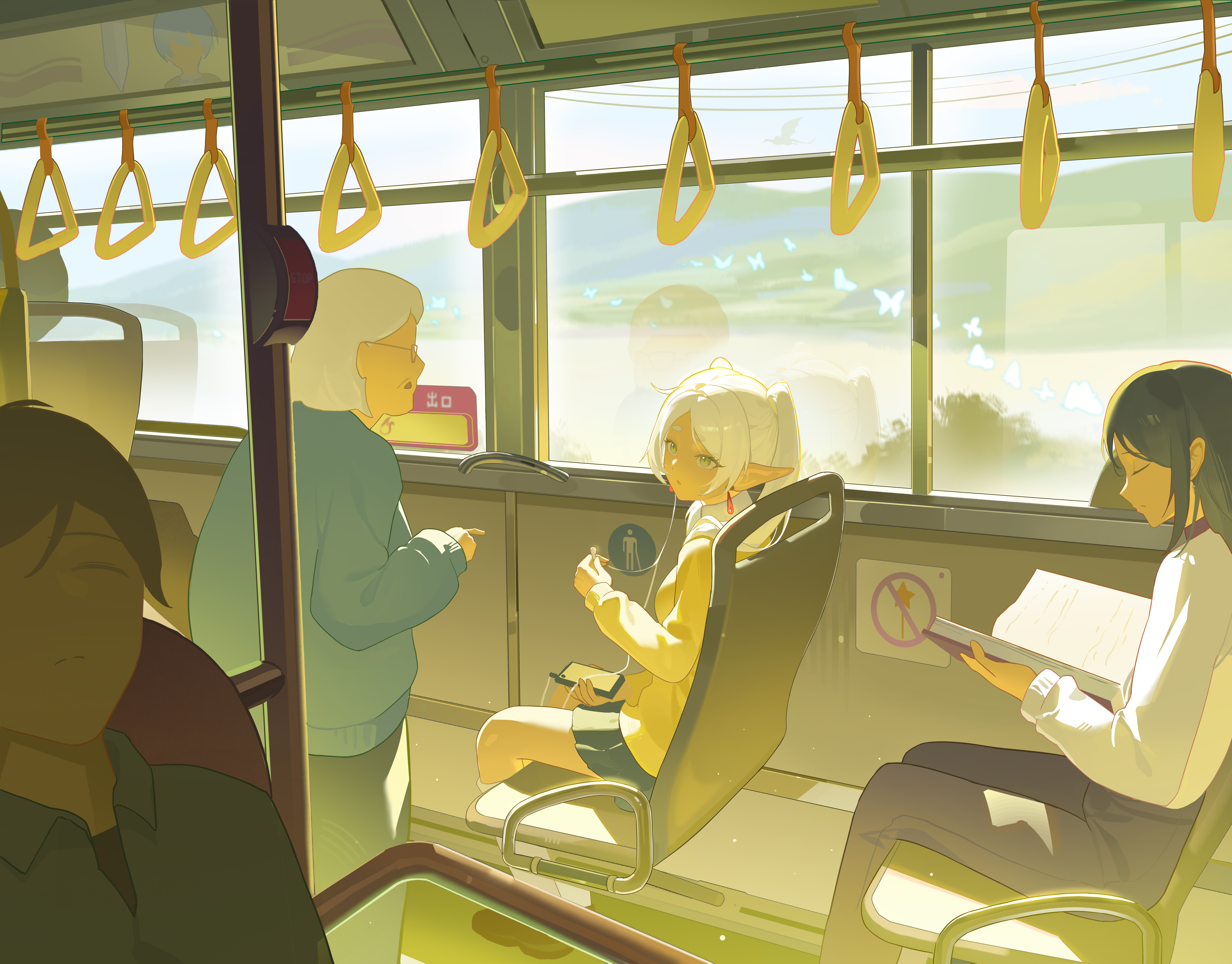 lingdu han, frieren, himmel (sousou no frieren), sousou no frieren, absurdres, highres, 1boy, 3girls, black hair, blue butterfly, breasts, bug, bus interior, butterfly, cellphone, contemporary, day, earphones, earrings, elf, glasses, green eyes, insect, jewelry, long hair, long sleeves, miniskirt, multiple girls, old, old woman, phone, pleated skirt, pointy ears, reading, shirt, short hair, sitting, skirt, small breasts, standing, sweater, twintails, white hair, white shirt, yellow sweater