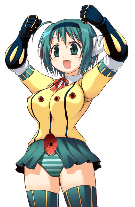 yuuki shin'ichi, jeeg, koutetsu jeeg (mecha), yoshioka chie, koutetsu jeeg, to heart (series), to heart 2, 1970s (style), 1girl, ahoge, arms up, female focus, green eyes, green hair, matching hair/eyes, oldschool, open mouth, parody, retro artstyle, simple background, solo, thighhighs, white background