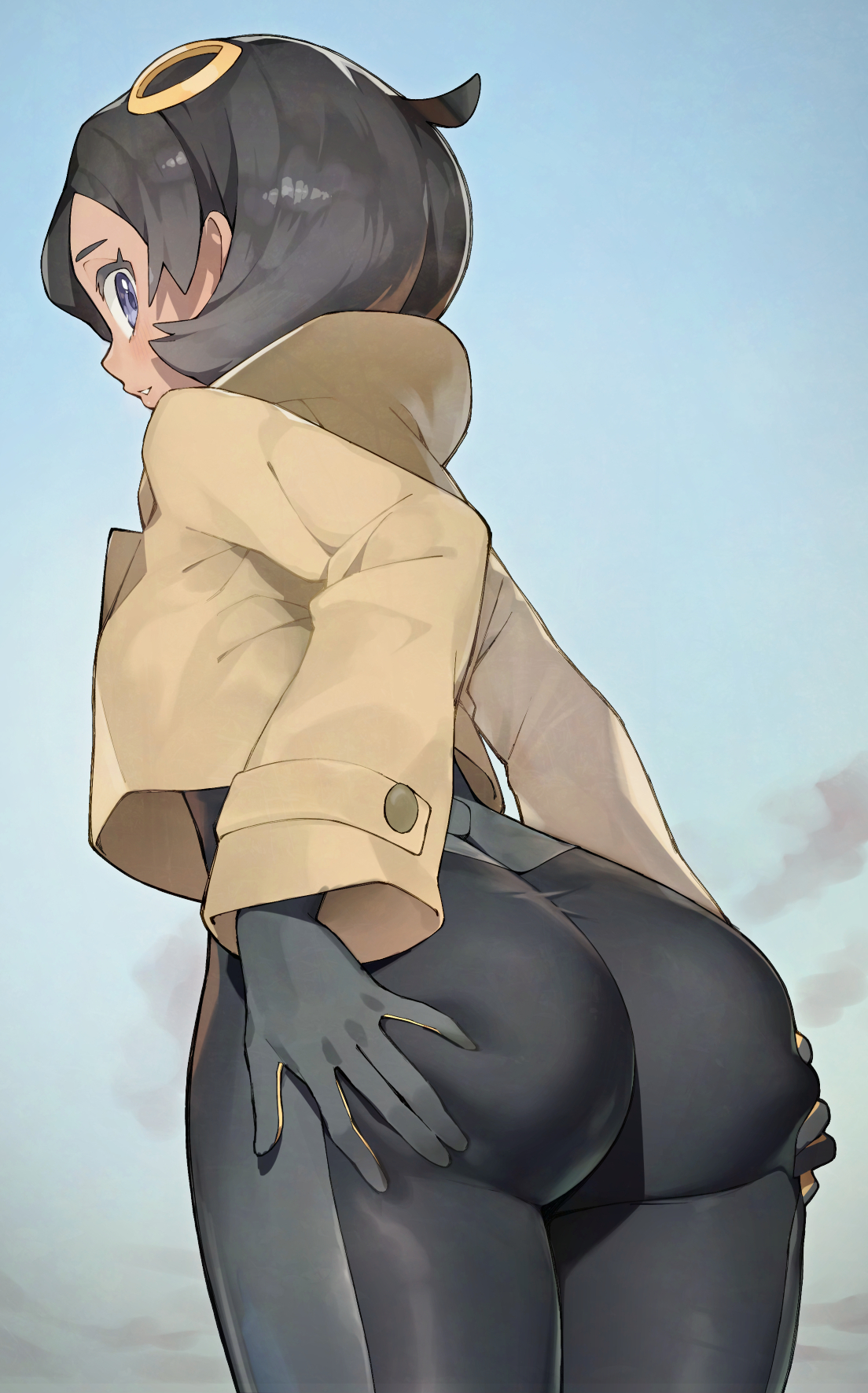 rindoriko, emma (pokemon), nintendo, pokemon, pokemon legends: z-a, highres, 1girl, ass, black bodysuit, black gloves, black hair, blue eyes, bodysuit, bodysuit under clothes, breasts, brown jacket, dark-skinned female, dark skin, gloves, hair ornament, jacket, latex, latex bodysuit, long sleeves, looking back, parted lips, purple eyes, short hair, solo