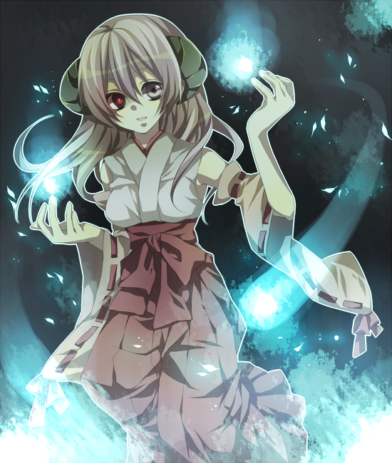 tsukioka tsukiho, hanyuu, higurashi no naku koro ni, bad id, bad pixiv id, 00s, 1girl, breasts, detached sleeves, female focus, glowing, glowing eye, glowing eyes, hakama, hakama skirt, horns, japanese clothes, long hair, medium breasts, miko, purple eyes, purple hair, red hakama, skirt, solo