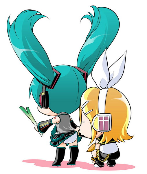 hatsune miku, kagamine rin, vocaloid, 2girls, aqua hair, chibi, clothes lift, multiple girls, o3o, skirt, skirt lift, spring onion, thighhighs, twintails