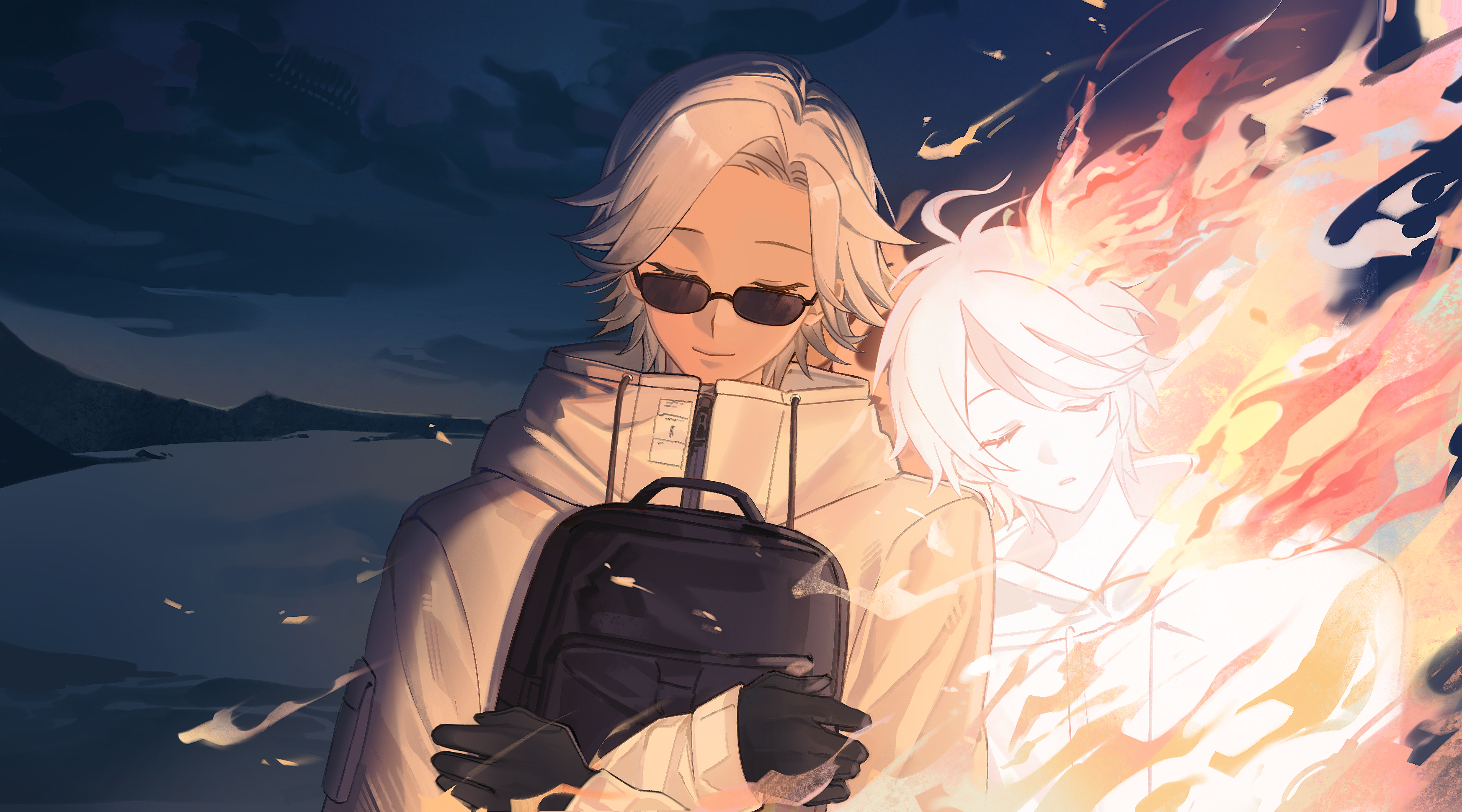 aotsuki eito, sumino takumi, the hundred line -last defense academy-, absurdres, chinese commentary, commentary request, highres, 2boys, ahoge, black bag, black gloves, closed eyes, fire, gloves, glowing, grey hair, hood, hoodie, hugging object, jacket, jacket over hoodie, leaning on person, leaning to the side, light smile, male focus, moxiumu, multicolored hair, multiple boys, outdoors, short hair, sleeping, streaked hair, sunglasses, white jacket