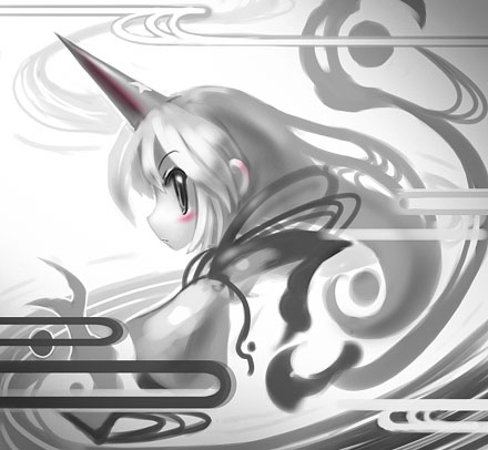 tanaka ken'ichi, hoshiguma yuugi, touhou, lowres, 1girl, abstract, female focus, horns, long hair, single horn, solo, speed painting
