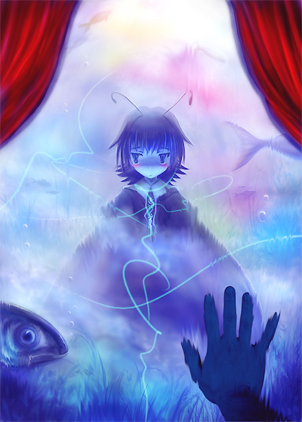 tanaka ken'ichi, wriggle nightbug, touhou, 1girl, abstract, antennae, arthropod girl, blue theme, female focus, fish, solo, surreal