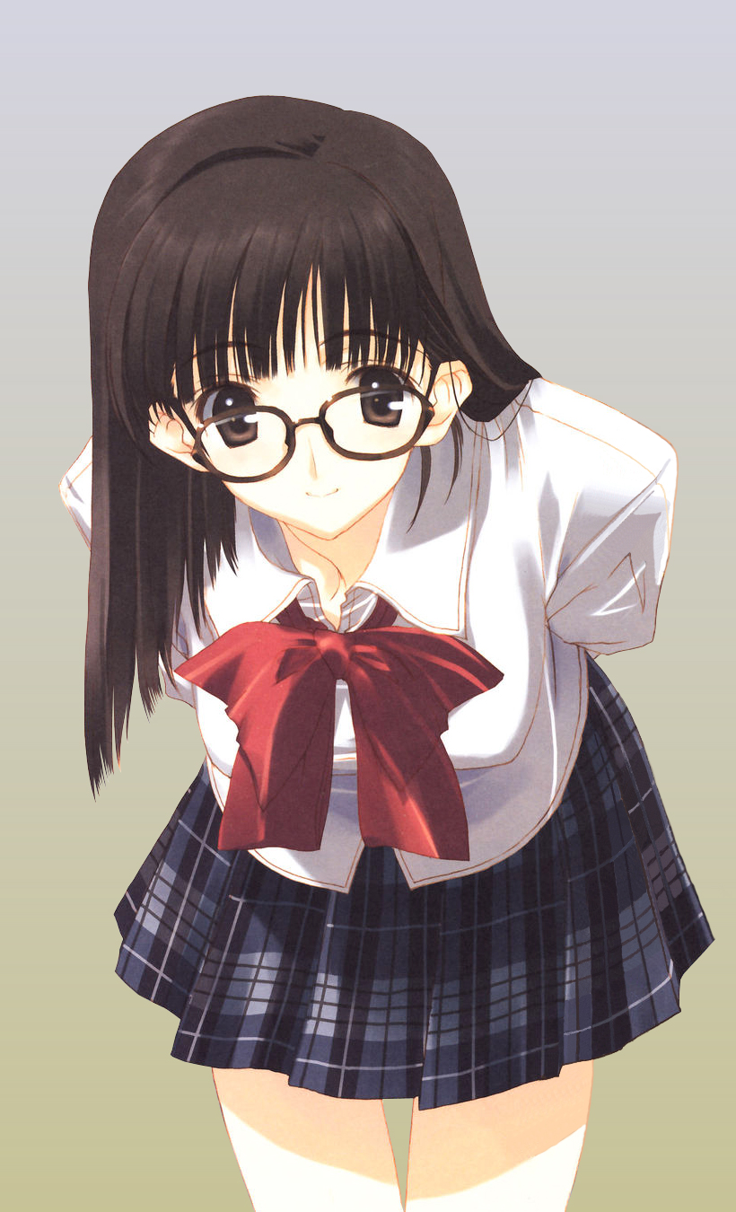 nakamura takeshi, highres, black hair, bow, brown eyes, glasses, long hair, plaid clothes, plaid skirt, school uniform, skirt, solo