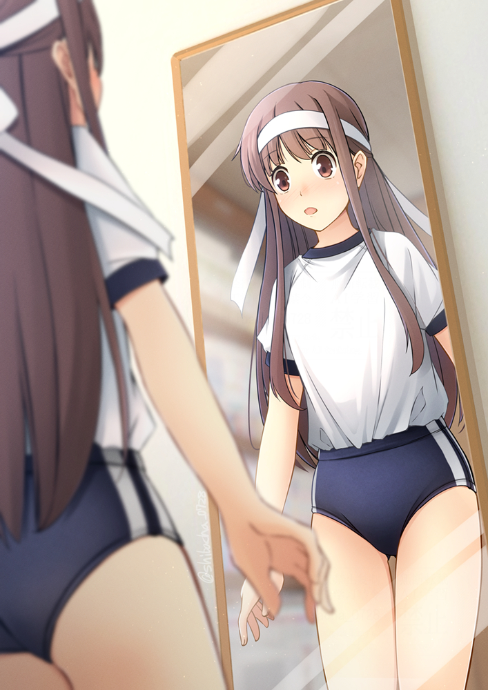 shibacha, honda tohru, fruits basket, commission, skeb commission, 1girl, blue buruma, brown eyes, brown hair, buruma, feet out of frame, gym shirt, gym uniform, headband, long hair, looking at mirror, mirror, reflection, shirt, shirt tucked in, solo, t-shirt, thigh gap, white headband, white shirt