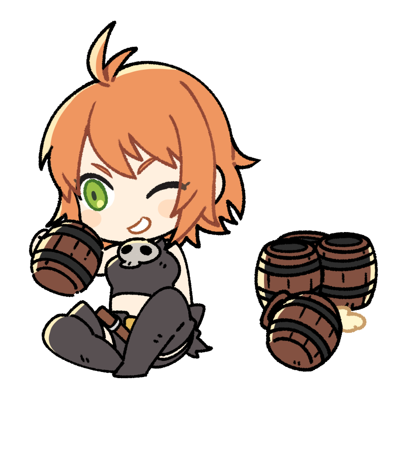 mila nebraska, nexon, tales weaver, artist request, bad source, official art, second-party source, 1girl, alcohol, bare arms, bare shoulders, beer, belt, black belt, black boots, black gloves, black shirt, black shorts, boots, breasts, chibi, chibi only, crop top, cropped shirt, cup, flat color, full body, gloves, green eyes, holding, holding cup, jewelry, medium breasts, medium hair, midriff, necklace, no nose, one eye closed, orange hair, shirt, shorts, sidelighting, simple background, single glove, sitting, skull necklace, solo, tankard, teeth, thigh boots, transparent background