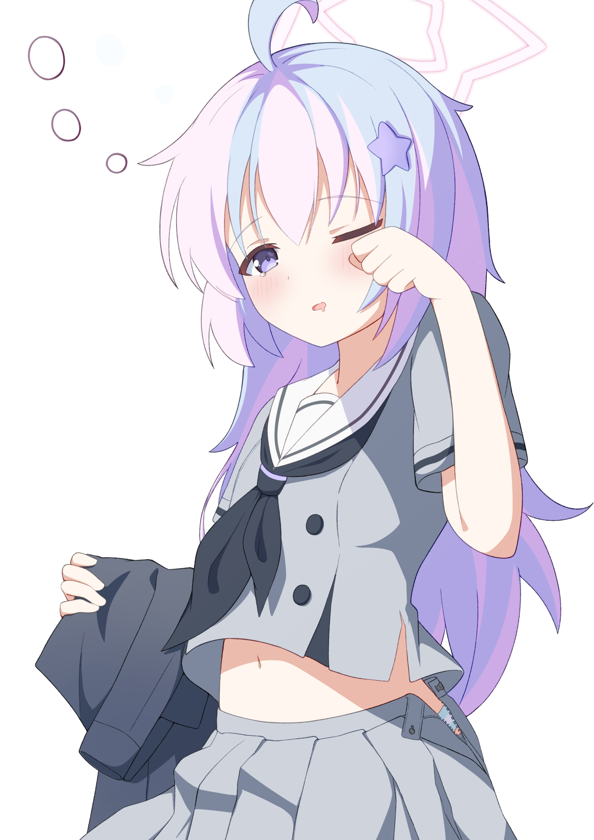 zundamochi (sera), reisa (blue archive), blue archive, commentary, highres, 1girl, ahoge, alternate hairstyle, black neckerchief, blue hair, blush, drooling, grey serafuku, grey shirt, grey skirt, hair down, hair ornament, halo, hand on own face, hand up, jacket, long hair, midriff, mouth drool, multicolored hair, navel, neckerchief, one eye closed, panties, pink hair, pink halo, purple eyes, sailor collar, school uniform, serafuku, shirt, simple background, skirt, sleepy, solo, squeans, star (symbol), star hair ornament, star halo, two-tone hair, underwear, unworn jacket, white background, white sailor collar
